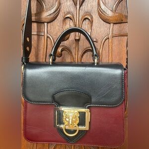Aspinal of London Lion Head Two-Tone Leather Crossbody Satchel- Oxblood & Black